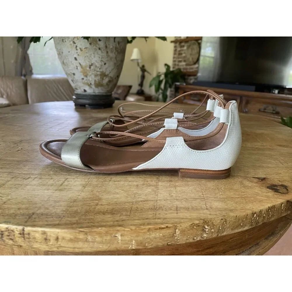 White House Black Market White Silver Lace Up Open Toe Strappy Flats Size 6 M
